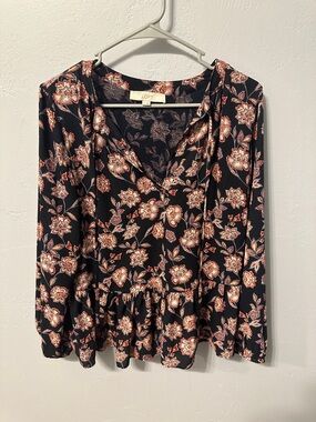 LOFT Black Floral V-Neck Peplum Blouse with Red and Cream Flowers